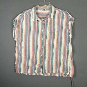 Orvis Women's Button-Up Short Sleeve Blouse, Linen Blend Multi Stripe, Size L